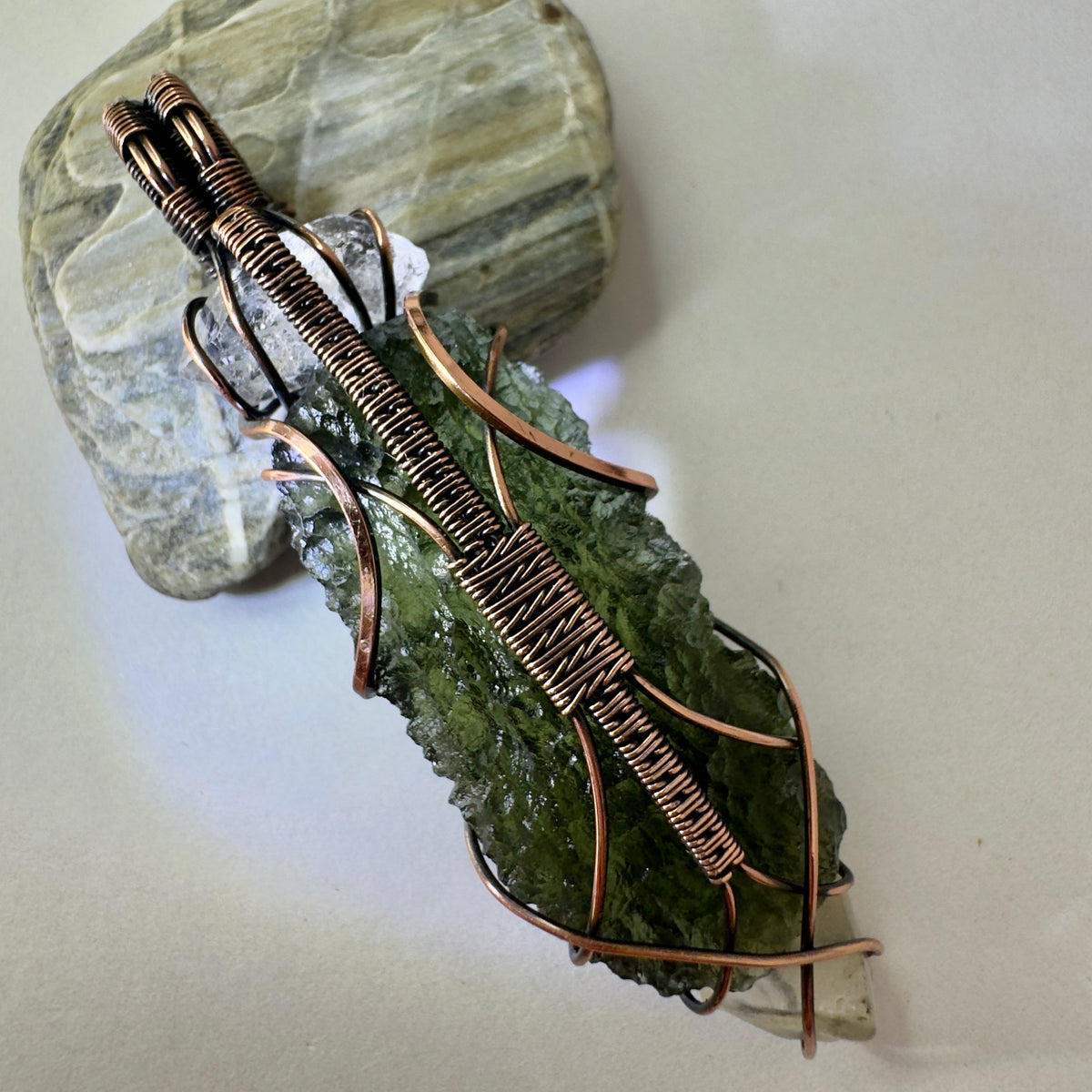 Moldavite, LDG & Herkimer Diamond Copper Pendant | 8.26g | Marouskovo Pole