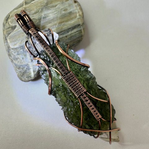 Moldavite, LDG & Herkimer Diamond Copper Pendant | 8.26g | Marouskovo Pole