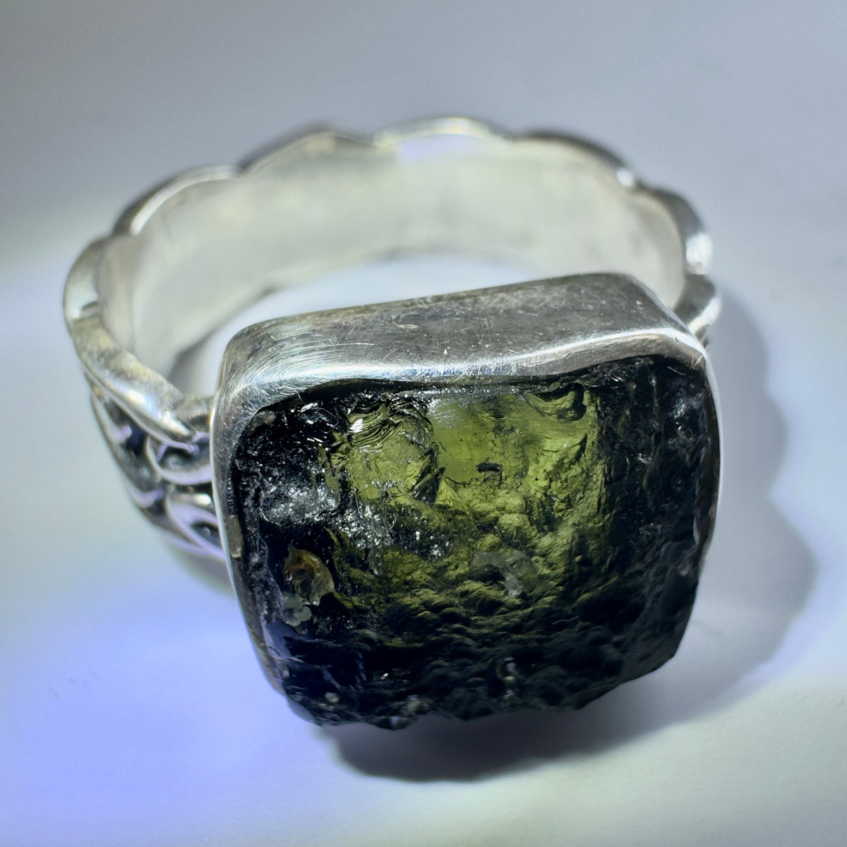 Sterling Silver Moldavite Ring | 1.6g | Size 13