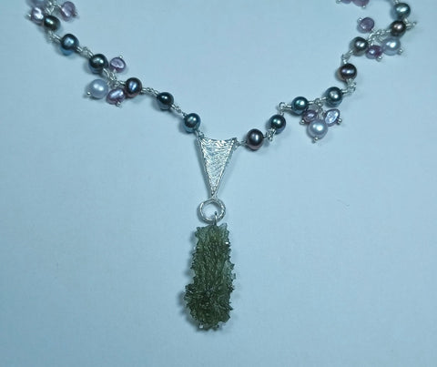 Sterling Silver & Mixed Pearl Beaded Moldavite Necklace