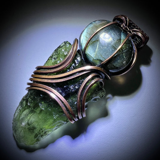 Moldavite & Labradorite Pendant - Copper Wrap