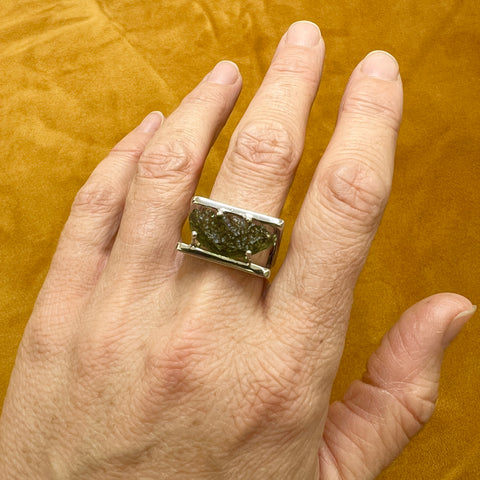 Sterling Silver Geometric Moldavite Ring - Size 8