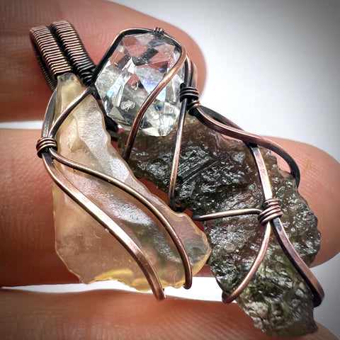 Moldavite, LDG & Herkimer Diamond Copper Pendant | 1.36g | Chlum
