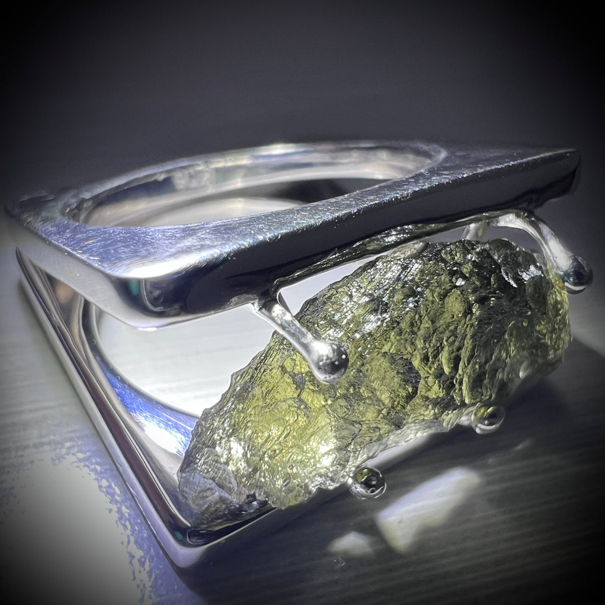 Sterling Silver Geometric Moldavite Ring - Size 8