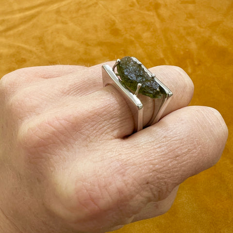 Sterling Silver Geometric Moldavite Ring - Size 8