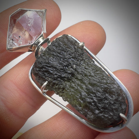 Moldavite & Herkimer Silver Pendant | 8g | Chlum