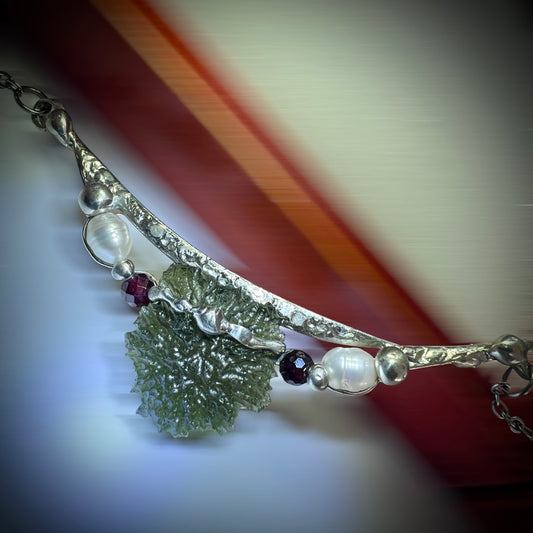 Soft Soldered Pewter & Freshwater Pearl" Moldavite Pendant | 1.9g | Maly Chlum