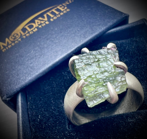Oxidised Sterling Silver Moldavite Claw Ring | Size 7.5 (P) | Chlum