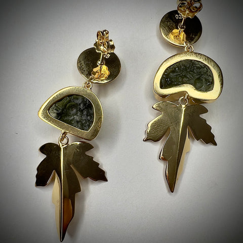 Gold Plated "Leaf" Moldavite Earrings | 2.9g | Chlum
