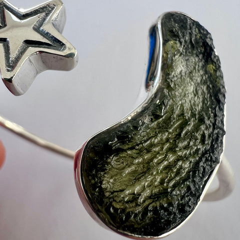 Celestial 2.66g Moldavite & Star Open Bracelet in Sterling Silver