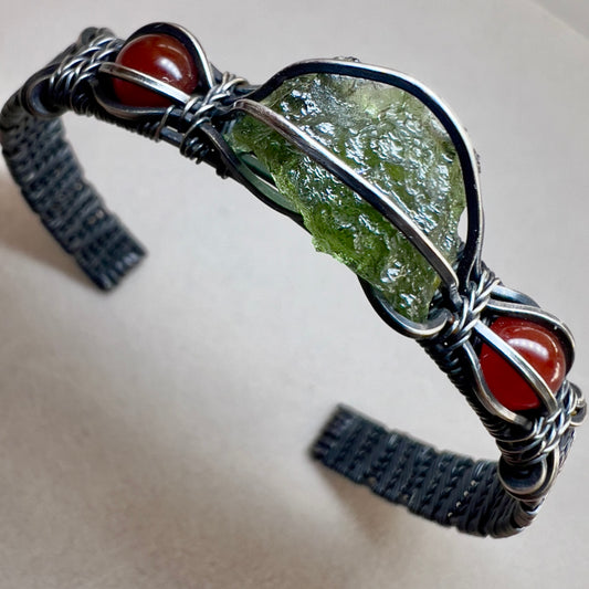 Antiqued Silver Moldavite bracelet with Red Carnelian
