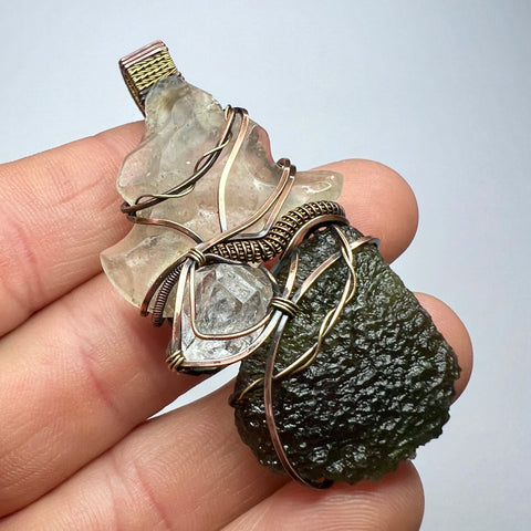 Moldavite, Libyan Desert Glass & Herkimer Diamond Pendant - Copper & Brass Wrap