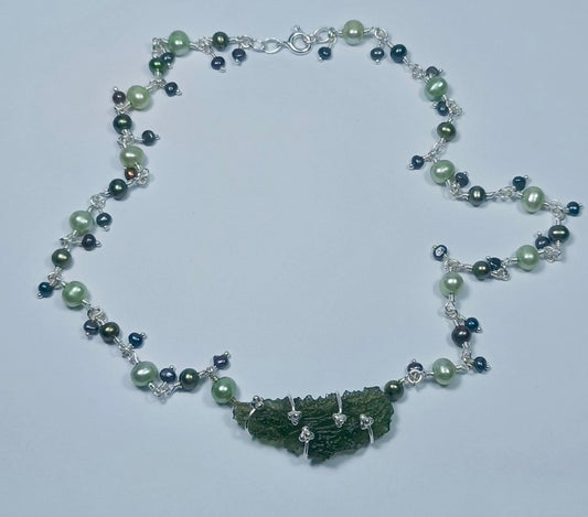 Exquisite Sterling Silver, Green Pearl & Moldavite Necklace