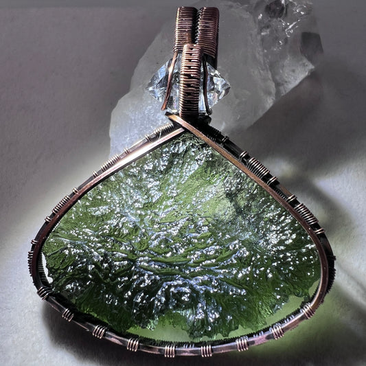 Moldavite & Herkimer Diamond Copper Wrapped Pendant – 10.62g