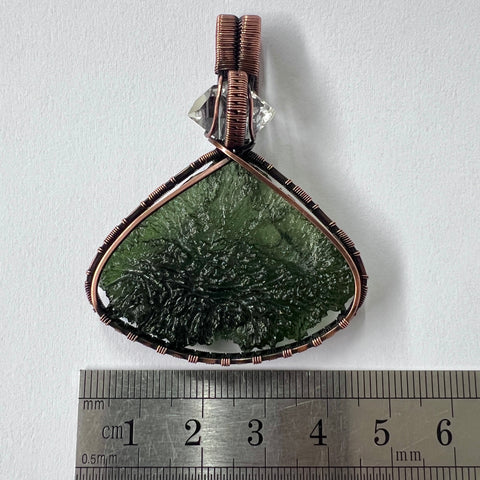 Moldavite & Herkimer Diamond Copper Wrapped Pendant – 10.62g