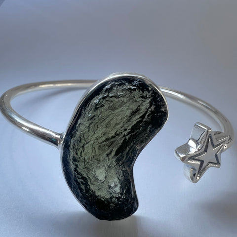 Celestial 2.66g Moldavite & Star Open Bracelet in Sterling Silver