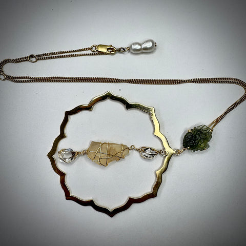 Gold Plated Moldavite, Herkimer Diamond & LDG Necklace | 1.2g | Chlum
