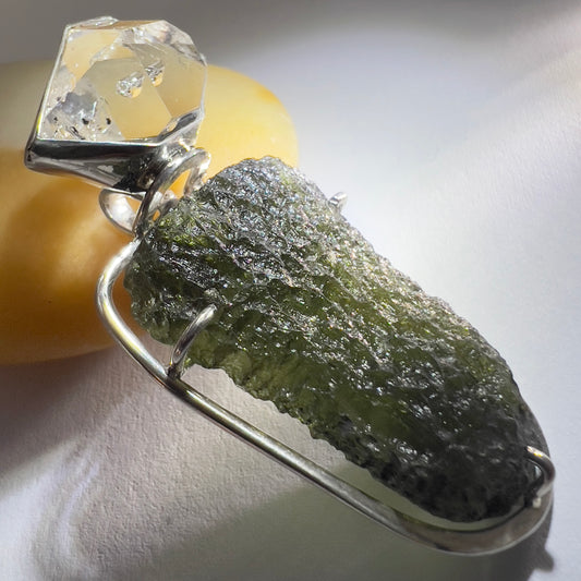 Moldavite & Herkimer Silver Pendant | 8g | Chlum