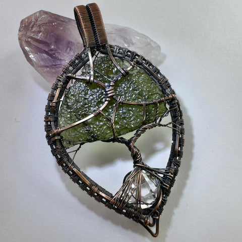 Moldavite & Herkimer Diamond Copper Tree of Life pendant | 6.61g | Chlum