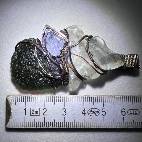 Moldavite, Libyan Desert Glass & Herkimer Diamond Pendant - Copper & Brass Wrap