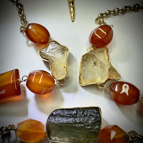 Gold Plated Moldavite, Carnelain & Libyan Desert Glass Necklace | 1.6g | Chlum