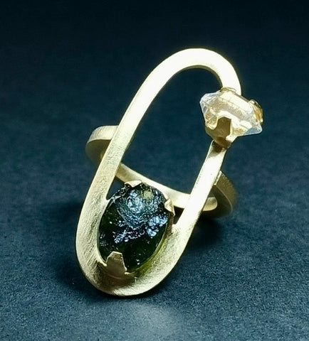 One-of-a-Kind Artisan Design Moldavite & Herkimer Gold Plated Ring - Size 7