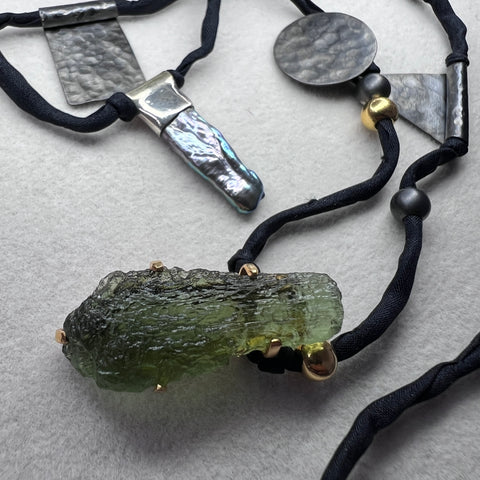 Gold Plated Moldavite Necklace with a Silk Cord