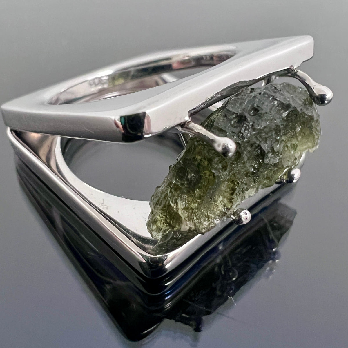Sterling Silver Geometric Moldavite Ring - Size 8