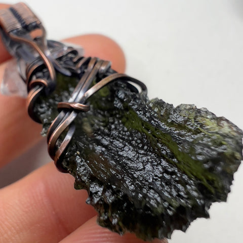 Moldavite & Herkimer Pendant - Copper Wrap