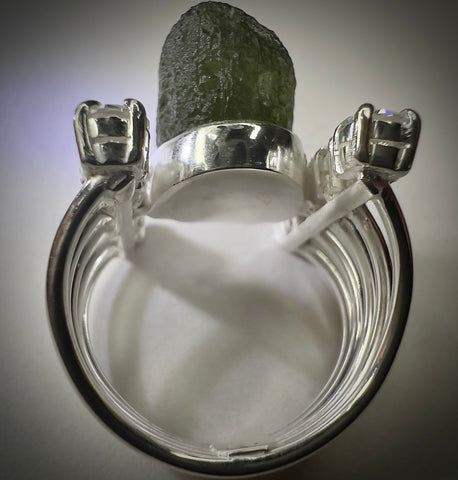 Sterling Silver Moldavite & Cubic Zirconia Ring | Size 6.5 (N) | Chlum