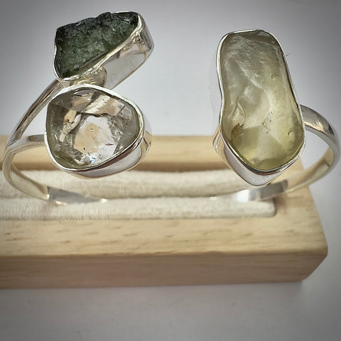 Sterling Silver Moldavite Open Cuff Bracelet with Herkimer Diamond & LDG | 0.7g | Marouskovo Pole