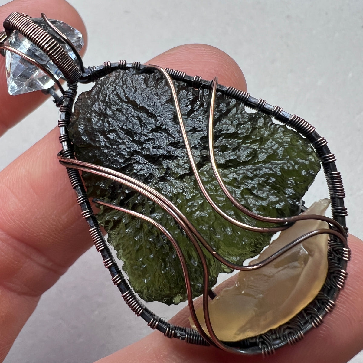 Moldavite, Libyan Desert Glass & Herkimer Diamond Pendant - Copper Wrap