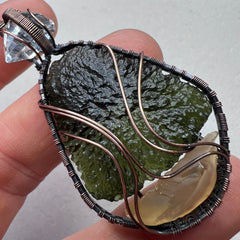 Moldavite, Libyan Desert Glass & Herkimer Diamond Pendant - Copper Wrap