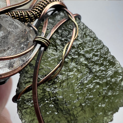 Moldavite, Libyan Desert Glass & Herkimer Diamond Pendant - Copper & Brass Wrap