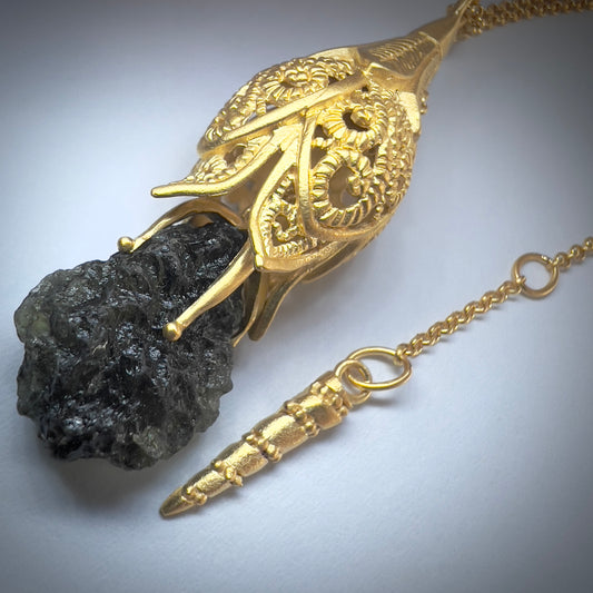 Floral Filigree Moldavite Pendant in Gold Plate