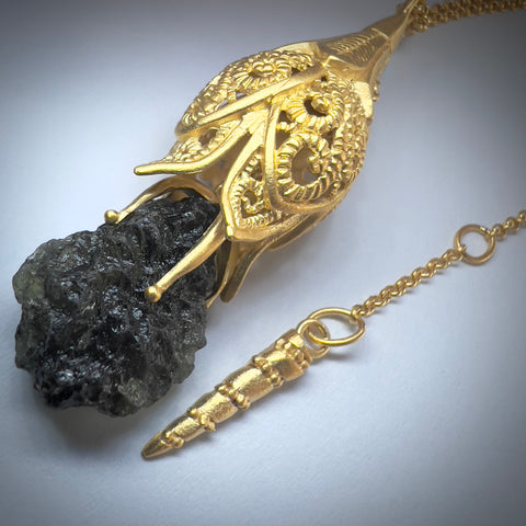 Floral Filigree Moldavite Pendant in Gold Plate