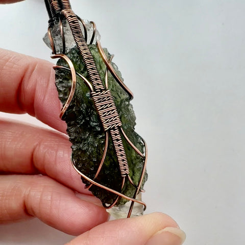 Moldavite, LDG & Herkimer Diamond Copper Pendant | 8.26g | Marouskovo Pole