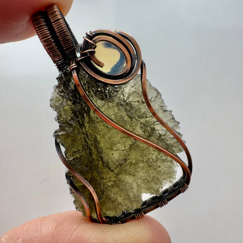Moldavite & Opal Copper Pendant | 4.6g | Chlum