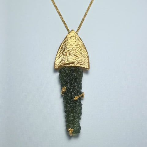 Leaf-Inspired Gold-Plated Moldavite Necklace (3.45g) — Chlum, Czech Republic