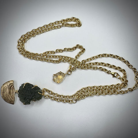Gold Plated Moldavite & Libyan Desert Glass Necklace | 5.4g | Chlum