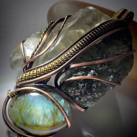 Moldavite, Libyan Desert Glass & Labradorite Pendant - Copper & Brass Wrap