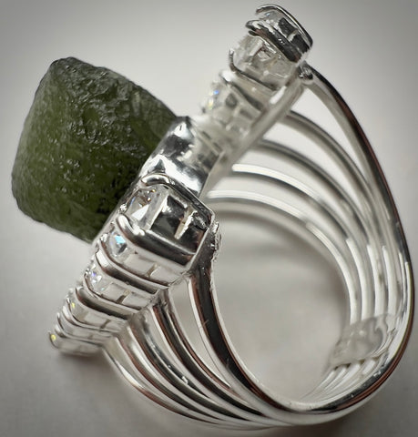Sterling Silver Moldavite & Cubic Zirconia Ring | Size 6.5 (N) | Chlum