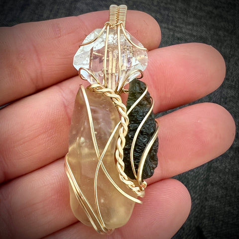 Moldavite,LDG & Herkimer Gold Pendant