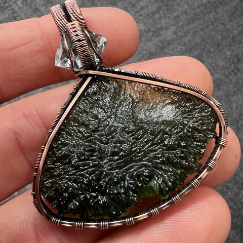 Moldavite & Herkimer Diamond Copper Wrapped Pendant – 10.62g