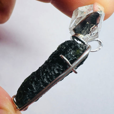 Moldavite & Herkimer Silver Pendant | 8g | Chlum