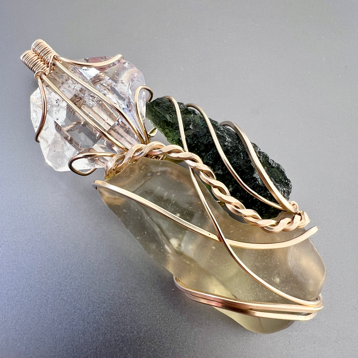 Moldavite,LDG & Herkimer Gold Pendant