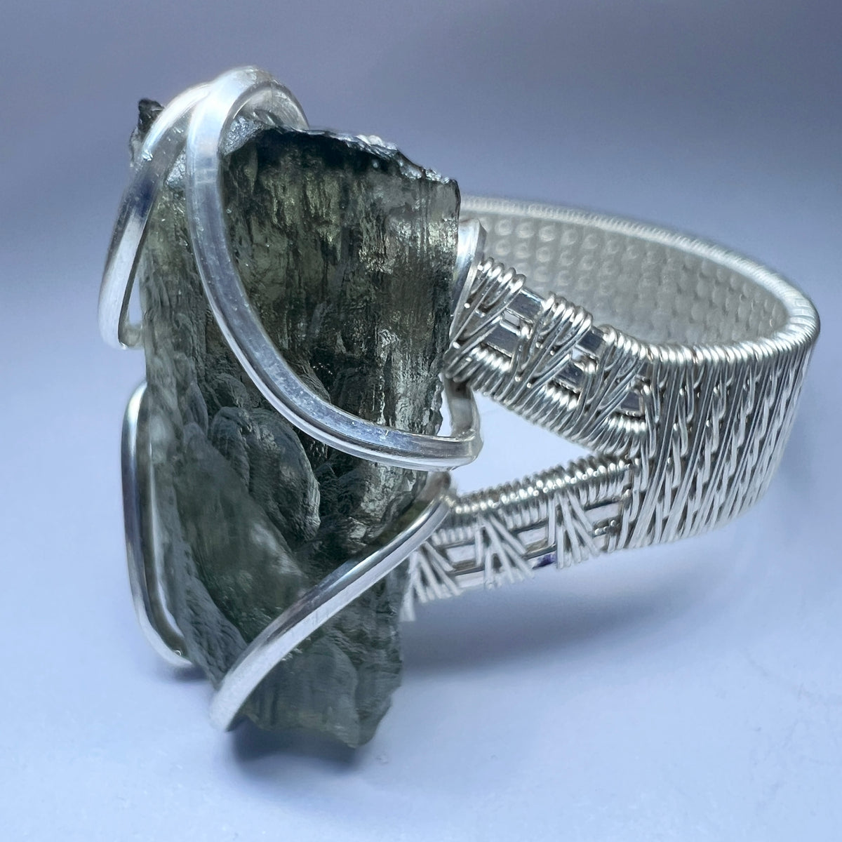 Moldavite Wire Wrapped Silver Ring Size 10.5| 0.9g | Chlum