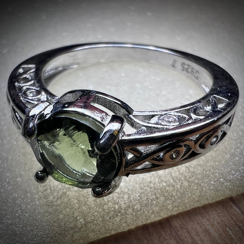 Faceted Moldavite Silver Ring Size 7 | 1 ct | Chlum