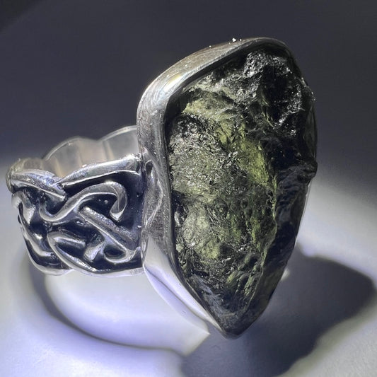 Celtic Moldavite Ring in Sterling Silver – Size 10