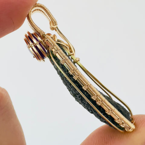 14k Gold-Fill Moldavite & Amethyst pendant - 10.49g.
